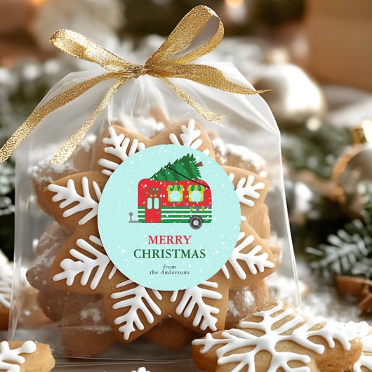 Sticker Rond Merry Christmas Red Caravan Christmas Tree Custom