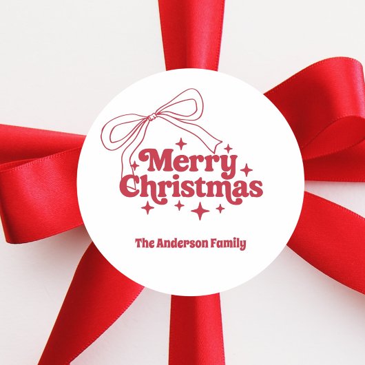 Sticker Rond Merry Christmas red hand-drawn bow retro