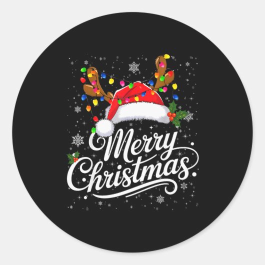 Sticker Rond Merry Christmas Red Santa Hat Reindeer Family Xmas (Devant)
