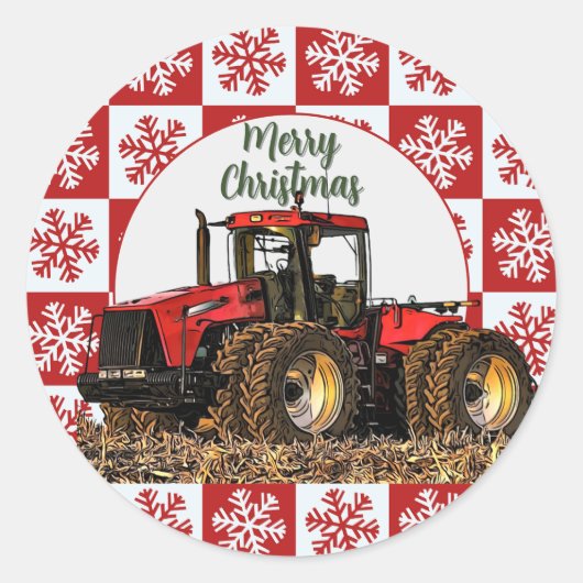 Sticker Rond Merry Christmas Red Tractor Farm Holiday Snowflake (Devant)