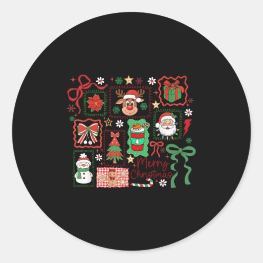 Sticker Rond Merry Christmas Reindeer Santa Snowman Coquette Bo (Devant)