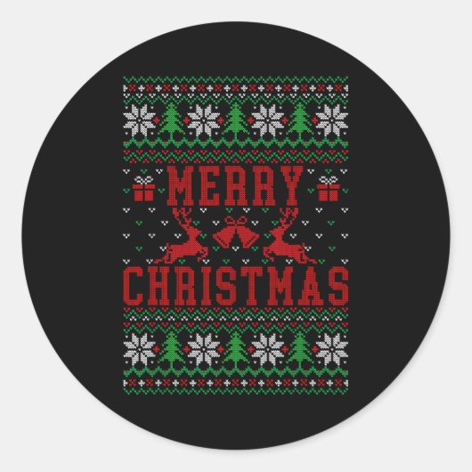 Sticker Rond Merry Christmas Reindeer Snowflake Ugly Christmas (Devant)