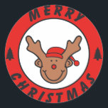 Sticker Rond Merry Christmas Rudolf Rentier avec arbre<br><div class="desc">Merry Christmas avec le renne. Merry Christmas with the Reindeer.</div>
