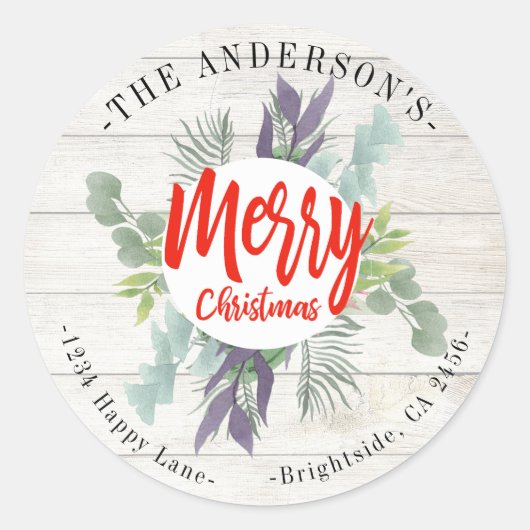 Sticker Rond Merry Christmas Rustic Wreath Return Adresse Label (Devant)