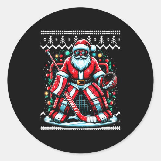 Sticker Rond Merry Christmas Santa Hockey Goalie Ugly Christmas (Devant)