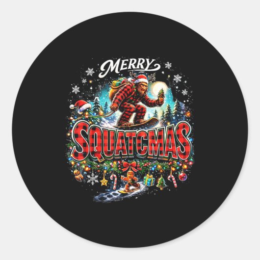 Sticker Rond Merry Christmas Squatchmas Funny Bigfoot Snowboard (Devant)