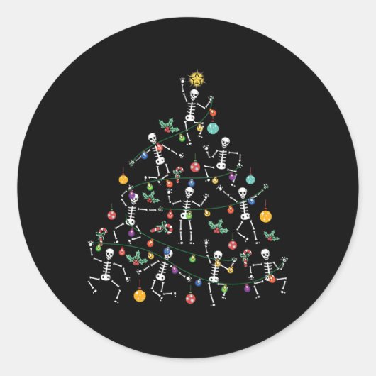 Sticker Rond Merry Christmas Tree Dancing Skeleton Funny Hallow (Devant)