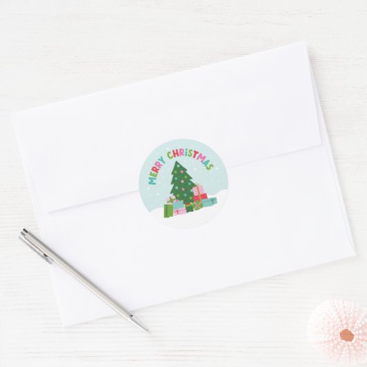 Sticker Rond Merry Christmas Tree with Gifts in Aqua Blue (Enveloppe)