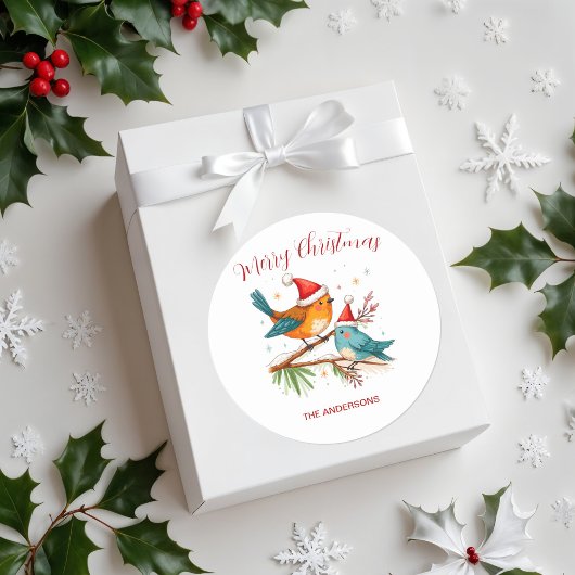 Sticker Rond Merry Christmas Two  Loving Birds