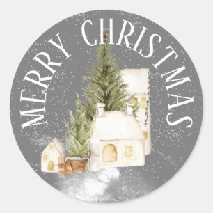 Sticker Rond MERRY CHRISTMAS Winter House avec À feuillage pers