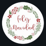 Sticker Rond Merry Christmas Wreath espagnol, Feliz Navidad<br><div class="desc">Vacances de Noël vert et rouge avec des autocollants ronds design pour enveloppes,  cadeaux etc,  avec les mots Joyeux Noël en espagnol : Feliz Navidad</div>