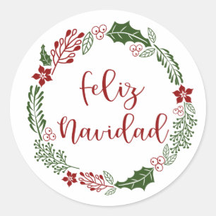Sticker Rond Merry Christmas Wreath espagnol, Feliz Navidad
