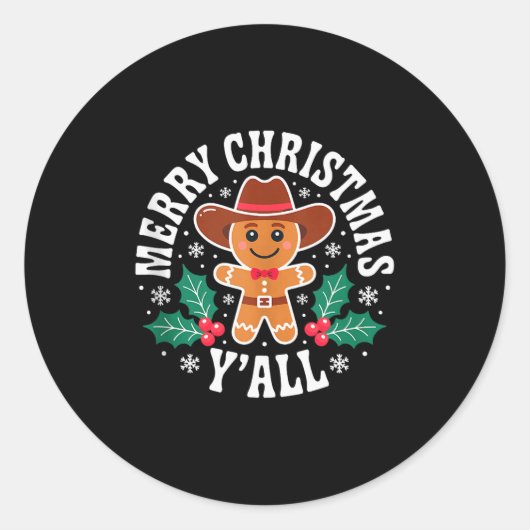 Sticker Rond Merry Christmas Yall Gingerbread Cowboy Howdy West (Devant)