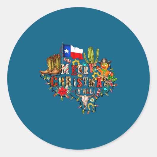 Sticker Rond Merry Christmas Y'all Texas Map Santa Hat Mens Wom (Devant)