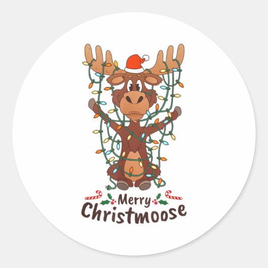 Sticker Rond Merry Christmoose Christmas Moose Xmas Tree Lights (Devant)