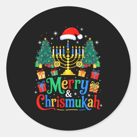 Sticker Rond Merry Christmukkah Hanukkah Christmas Tree Xmas Fa (Devant)