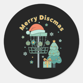 Sticker Rond Merry Discmas Funny Disc Golf Basket Christmas Tre