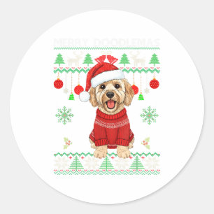 Sticker Rond Merry Doodlemas Goldendoodle portant un pull de No