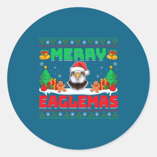 Sticker Rond Merry Eaglemas - Eagle Wearing Santa Hat Ugly Chri (Devant)