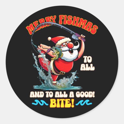 Sticker Rond Merry Fishmas À Tous Bite Joyeux Noël Fis (Devant)