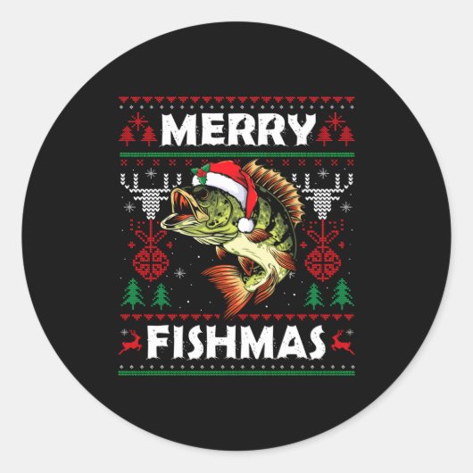 Sticker Rond Merry Fishmas B Fish Fishing Christmas Ugly Sweate (Devant)