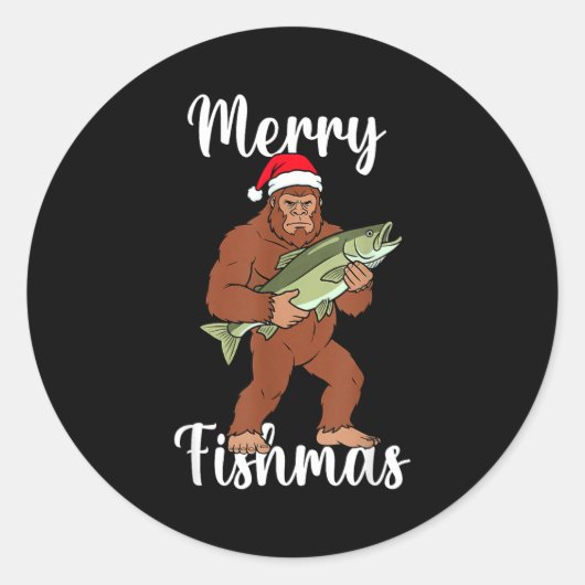 Sticker Rond Merry Fishmas Bigfoot Fishing Funny Sasquatch Sant (Devant)