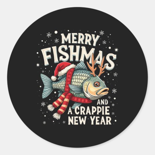 Sticker Rond Merry Fishmas Et Une Crappie Nouvel An Drôle Pêche (Devant)