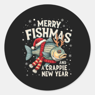 Sticker Rond Merry Fishmas Et Une Crappie Nouvel An Drôle Pêche