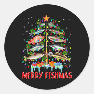 Sticker Rond Merry Fishmas Funky Christmas Tree Lights Fish Fis