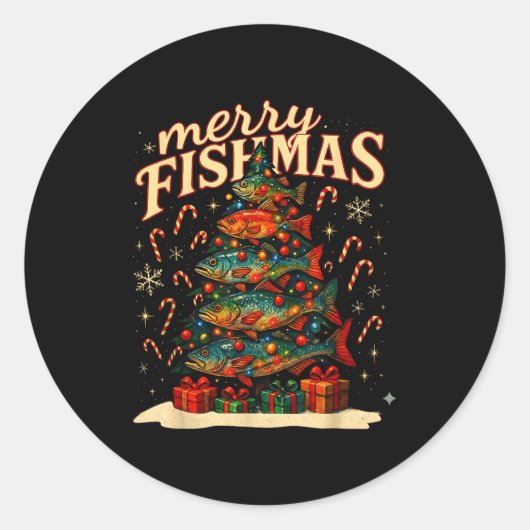 Sticker Rond Merry Fishmas Funny Fishing Christmas Design  (Devant)