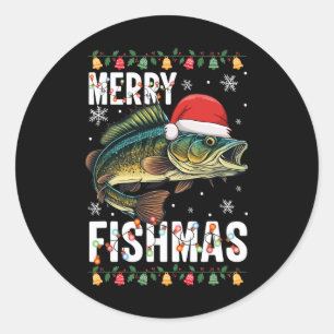 Sticker Rond Merry Fishmas Funny Pêche de Noël Pajama Fishe
