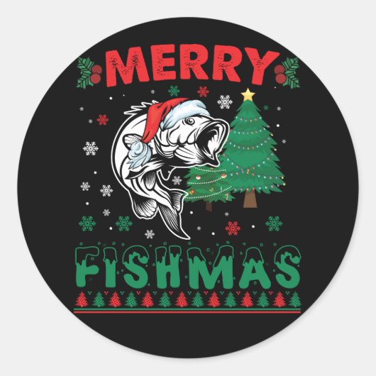 Sticker Rond Merry Fishmas Pêche Papa Pêcheur Pêcheur Noël (Devant)