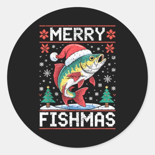 Sticker Rond Merry Fishmas Ugly Christmas Sweater Fishing Lover (Devant)