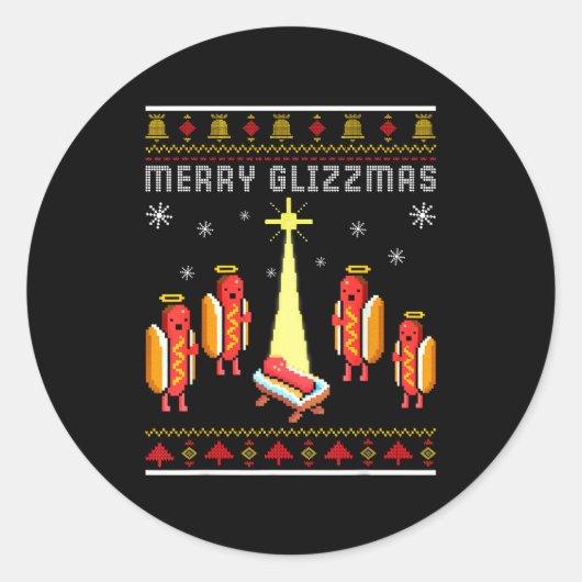 Sticker Rond Merry Glizzmas Hot Dog Funny Ugly Christmas Sweate (Devant)