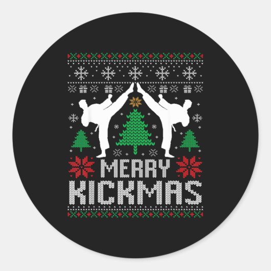 Sticker Rond Merry Kickmas Karate Jiu Jitsu Ugly Christmas Xmas (Devant)