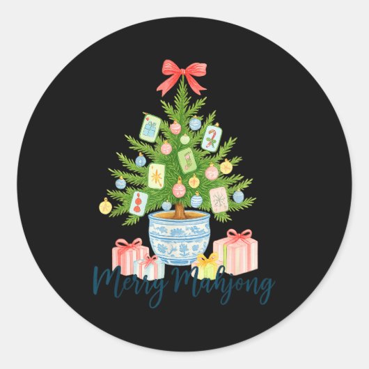 Sticker Rond Merry Mahjong Christmas Tree Chinoiserie Holiday (Devant)