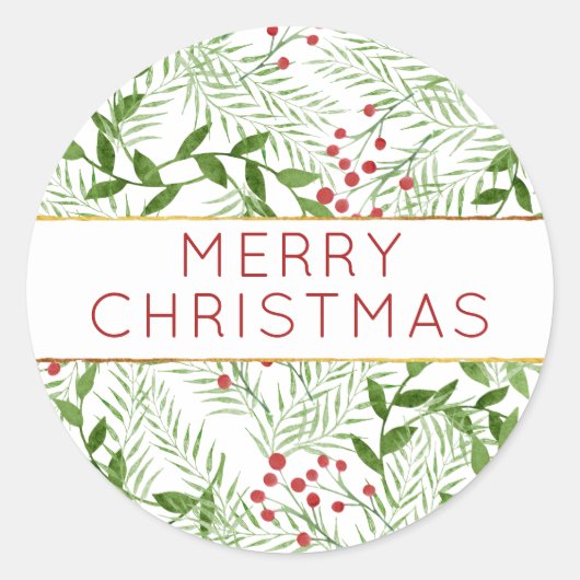 Sticker Rond MERRY NOËL Moderne Feuilles Berries Fêtes (Devant)