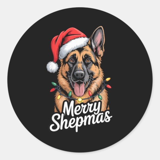 Sticker Rond Merry Shepmas German Shepherd Christmas Lights Hum (Devant)