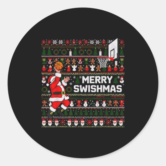 Sticker Rond Merry Swishmas Santa Basketball Ugly Sweater Style (Devant)