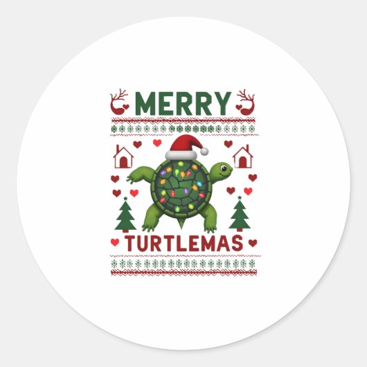 Sticker Rond Merry Turtlemas Christmas Lights Cute Turtle Santa (Devant)