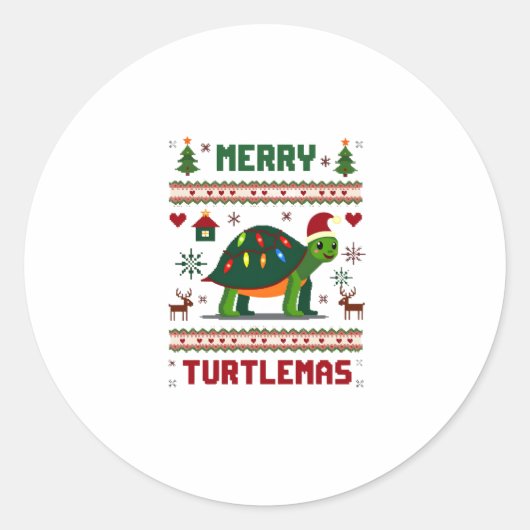 Sticker Rond Merry Turtlemas Christmas Lights Cute Turtle Santa (Devant)