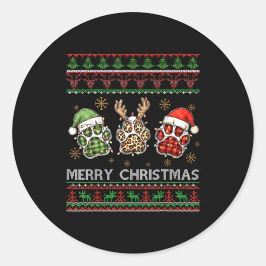 Sticker Rond Merry Woofmas Christmas Dog Paws Leopard Ugly Swea (Devant)