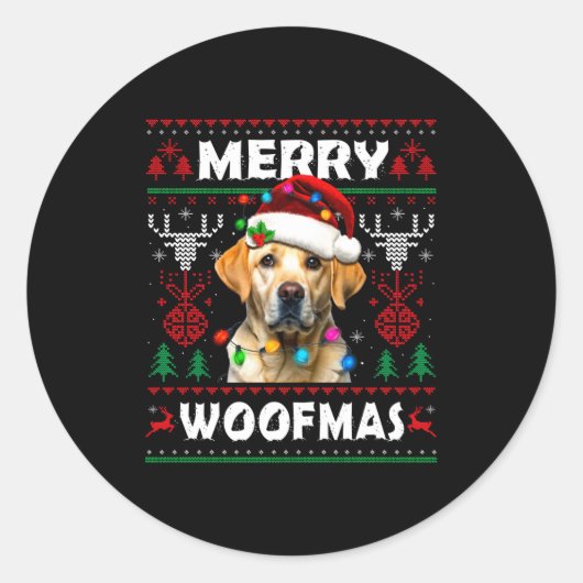 Sticker Rond Merry Woofmas Yellow Labrador Christmas Ugly Sweat (Devant)