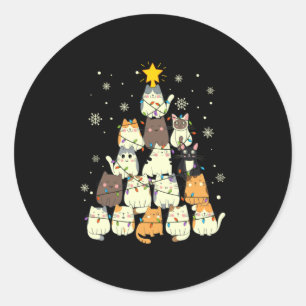 Sticker Rond Merry Xmas Cat Christmas Tree