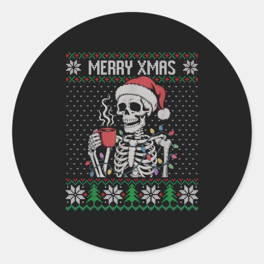 Sticker Rond Merry Xmas Skeleton Ugly Sweater, Skull Wearing Sa (Devant)