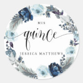 Sticker Rond Mes Quinze, Espagnol, Couronne Bleue Florale (Devant)