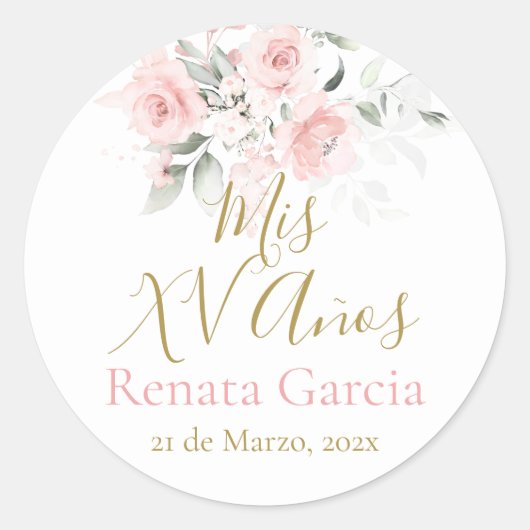 Sticker Rond Mes XV ans fleurs roses (Devant)