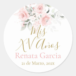 Sticker Rond Mes XV ans fleurs roses