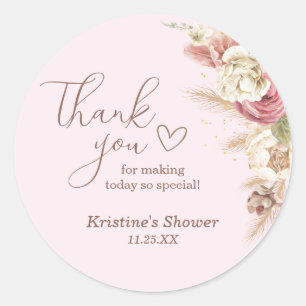 Sticker Rond Message de Merci de Baby shower rose Boho Floral