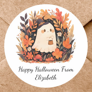 Sticker Rond Message personnalisé d'Halloween floral d'automne